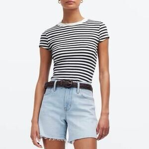 NWT Madewell Soft Stretch Supima Cotton Ribbed Striped Tee Black White Size XXS